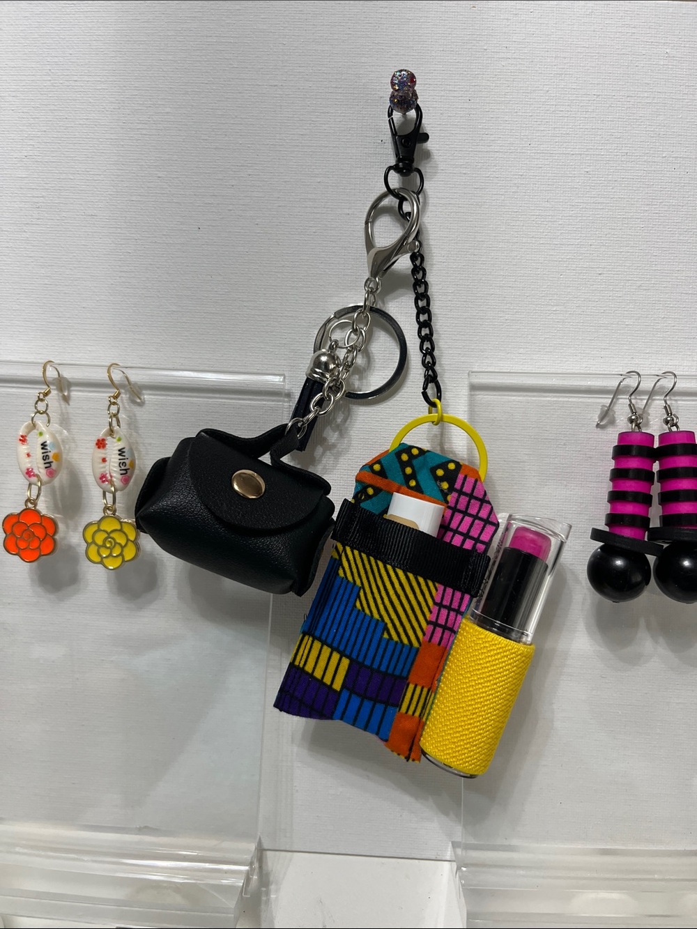 Gift Set African Ankara Print Lipstick Holder Keychain Purse Charm 2 pr Earrings